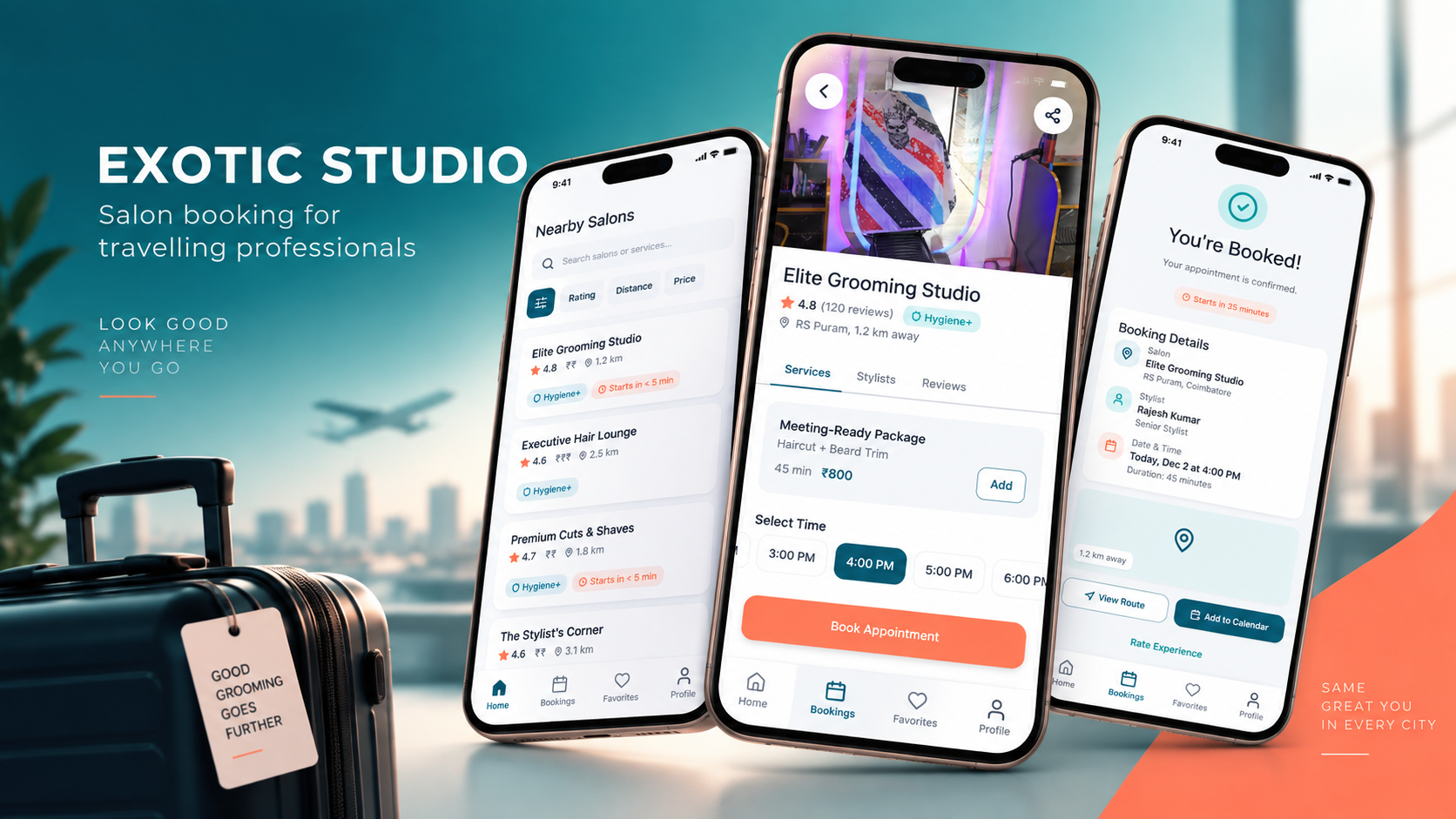 Exotic Studio salon booking app cover showing mobile screens and a travelling professional