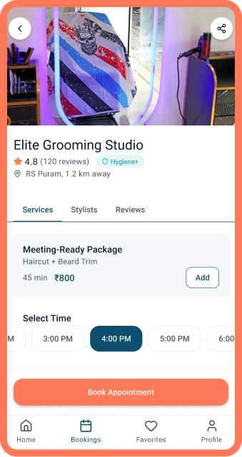 Exotic Studio salon details screen showing services, ratings, hygiene status and real-time appointment slots
