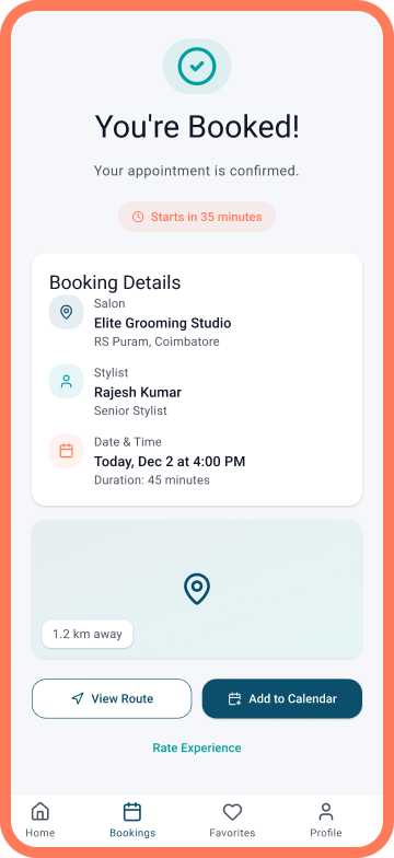 Exotic Studio booking confirmation showing salon, stylist, appointment details, route and calendar actions