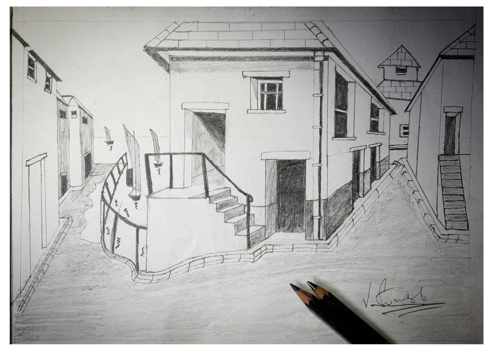 Pencil sketch of buildings and pathways drawn in architectural perspective