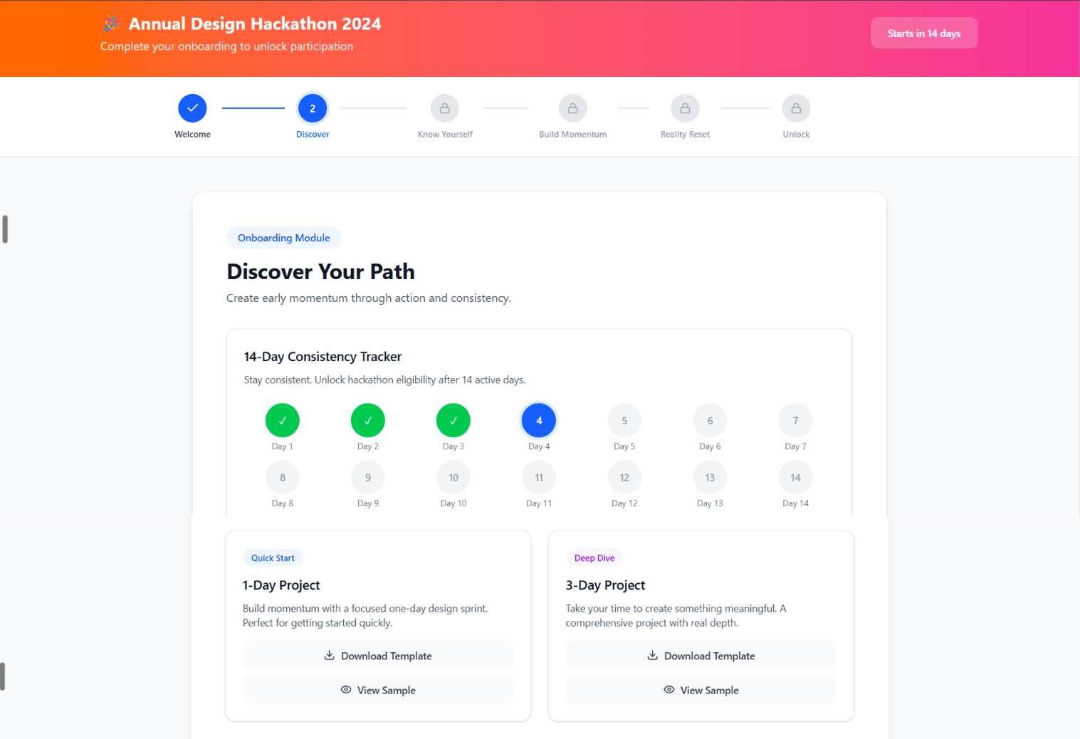 DFC progress and small-wins surface showing the 14-day consistency tracker, onboarding module steps, and project templates
