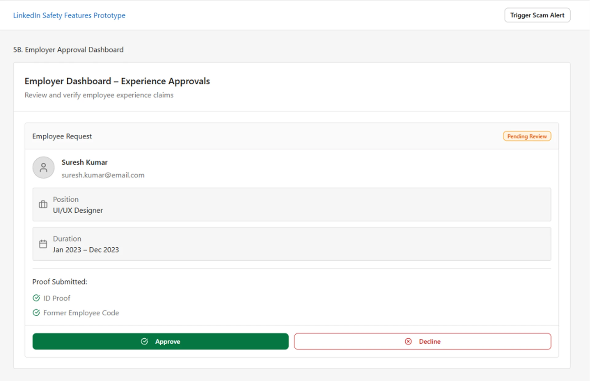 LinkedIn safety concept showing an employer dashboard for reviewing and approving a submitted work experience claim