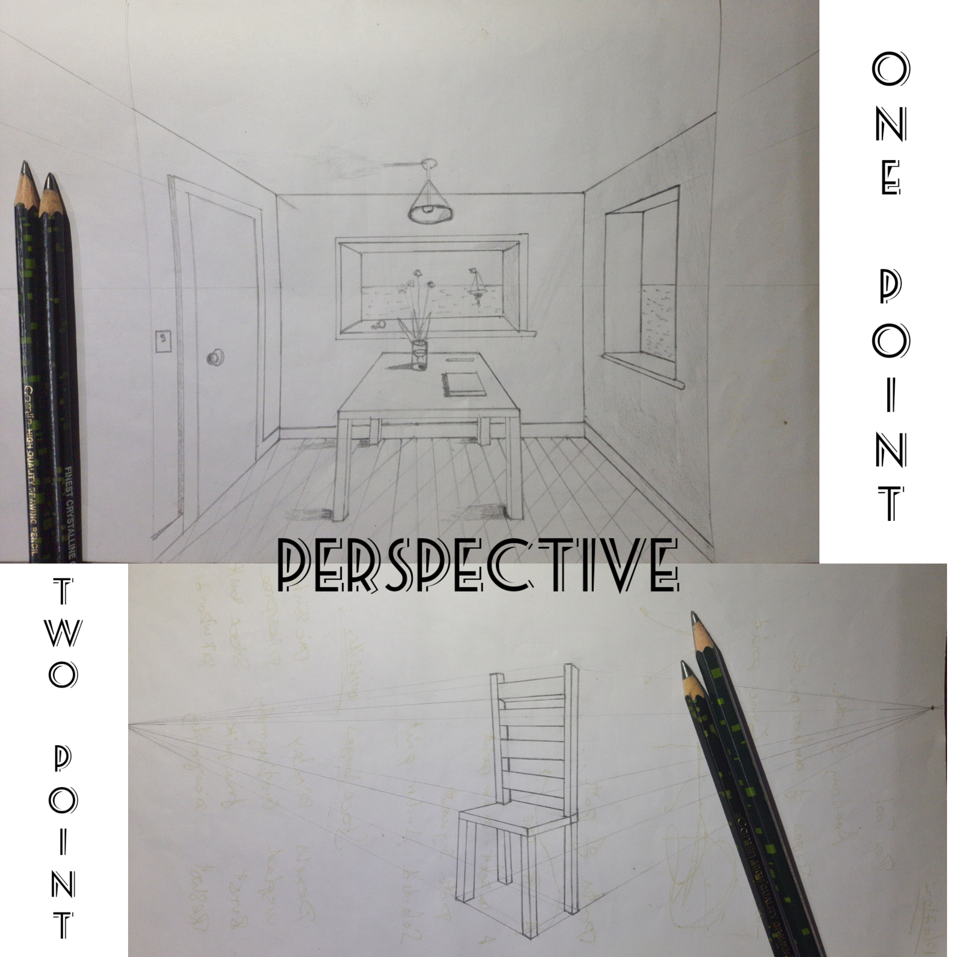 Pencil studies of a furnished room in one-point perspective and a chair in two-point perspective