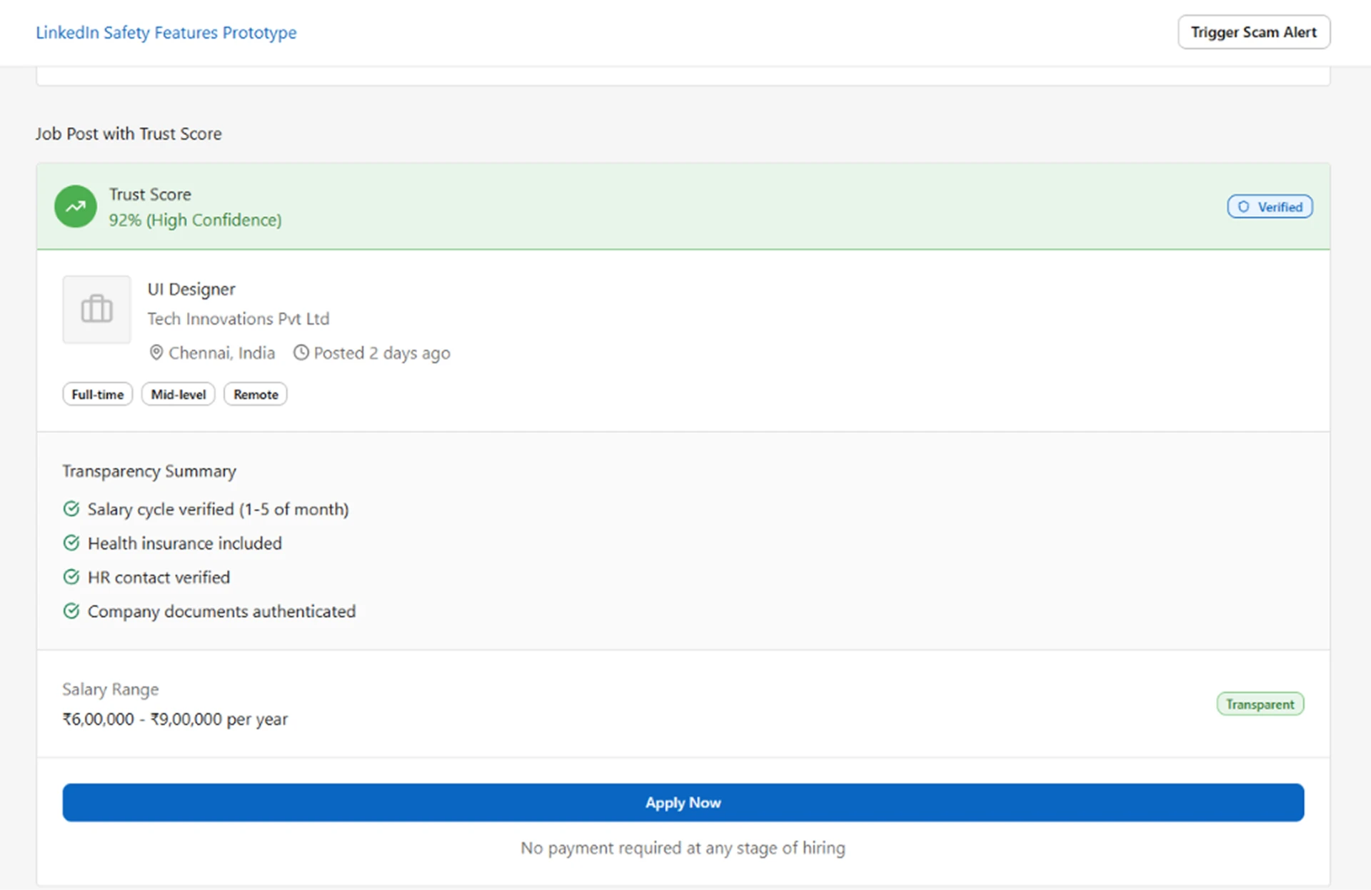 LinkedIn safety concept showing a verified job post with a 92 percent trust score, transparency details and salary range