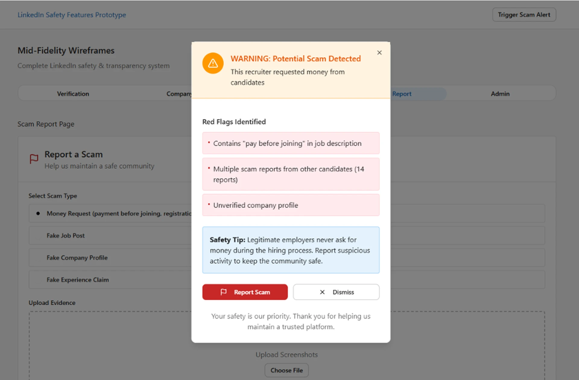 LinkedIn safety concept showing a potential scam warning with identified red flags, a safety tip and report or dismiss actions