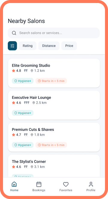 Exotic Studio nearby salons screen showing verified hygiene signals, ratings, distance and near-term availability