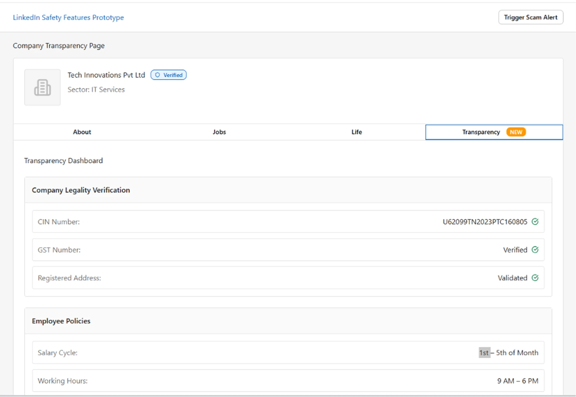 LinkedIn safety concept showing a verified company transparency page with legal verification and employee policy details