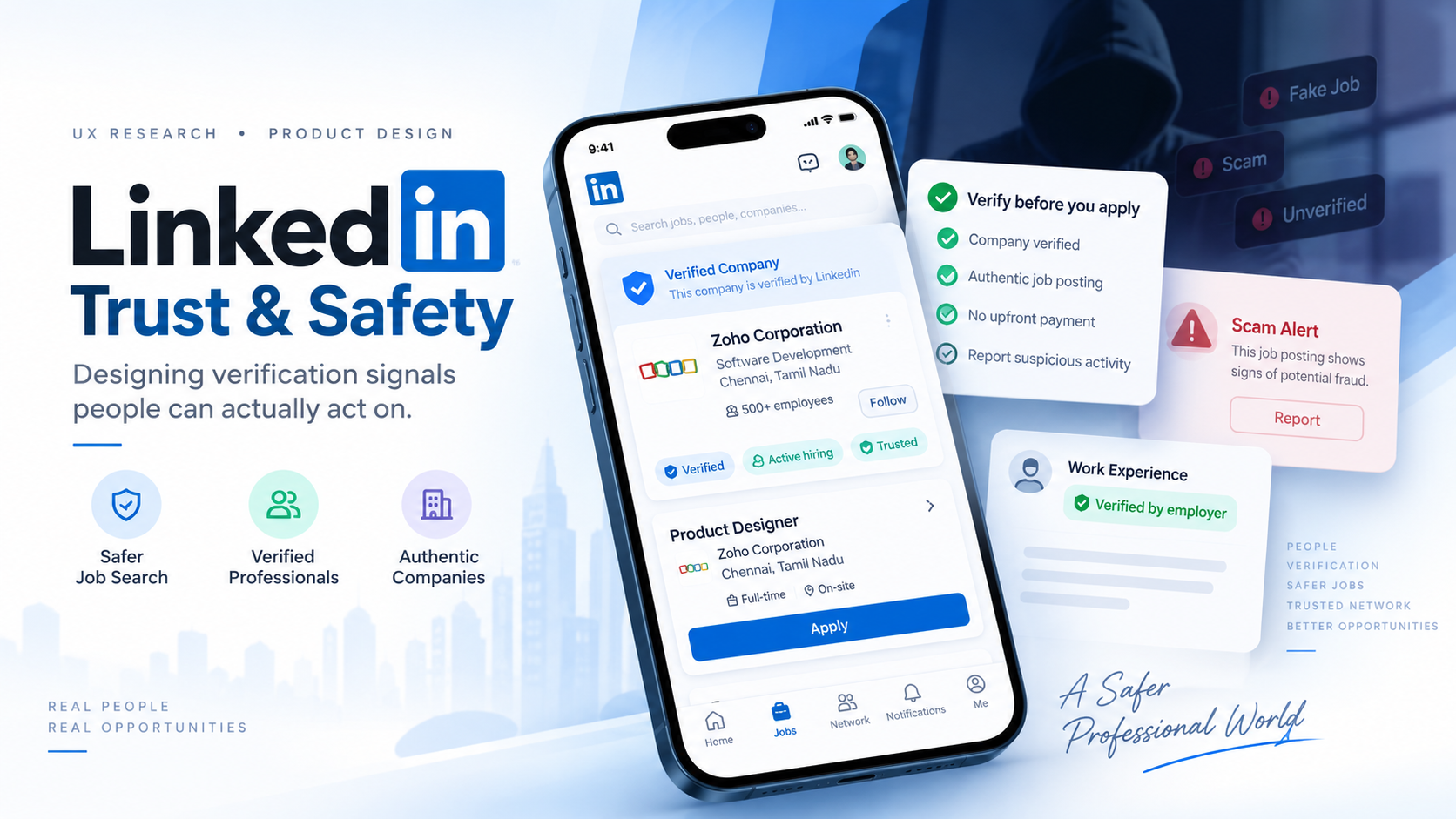LinkedIn Trust & Safety case-study cover showing verification signals and scam alerts on a mobile screen