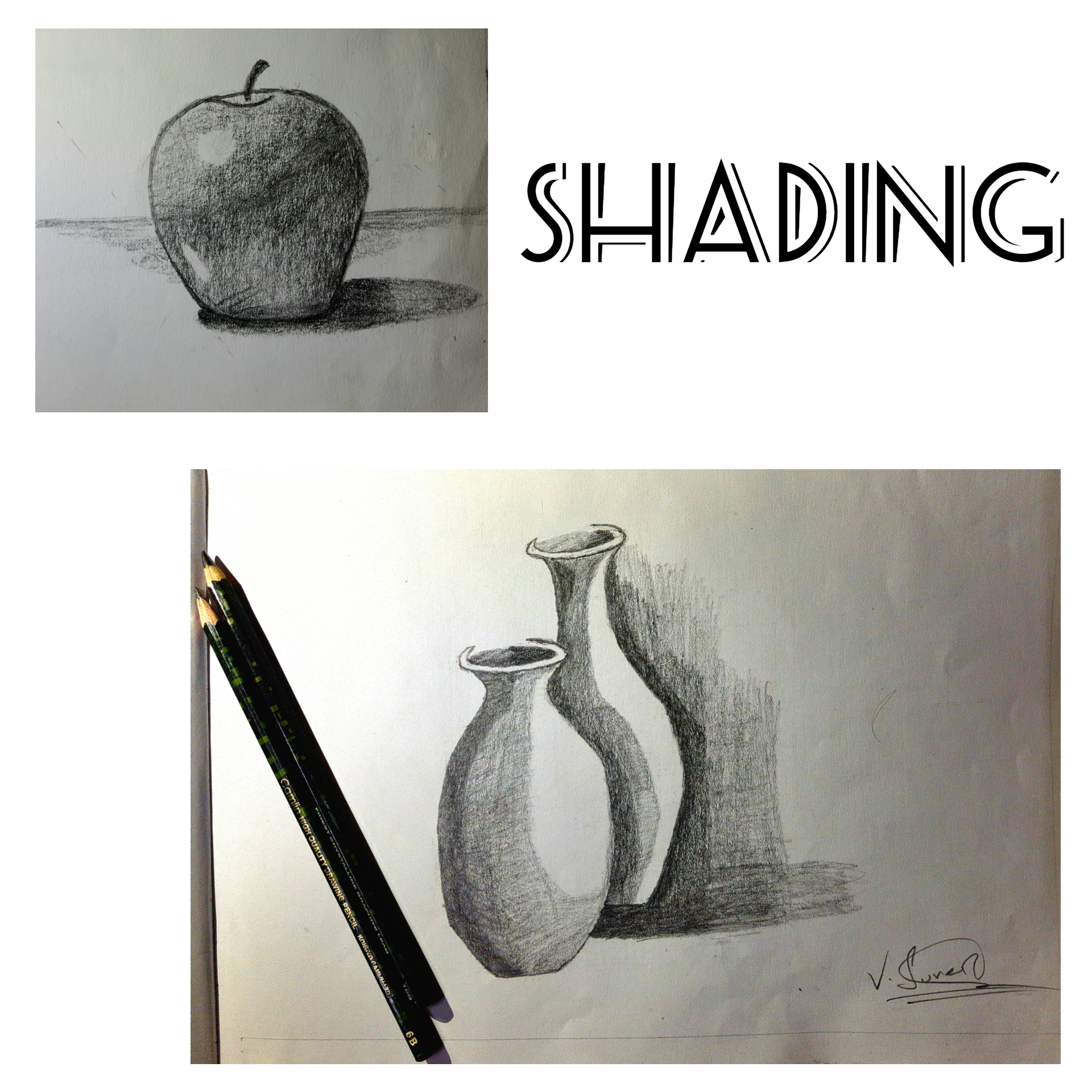 Pencil shading study combining an apple and two vases with cast shadows